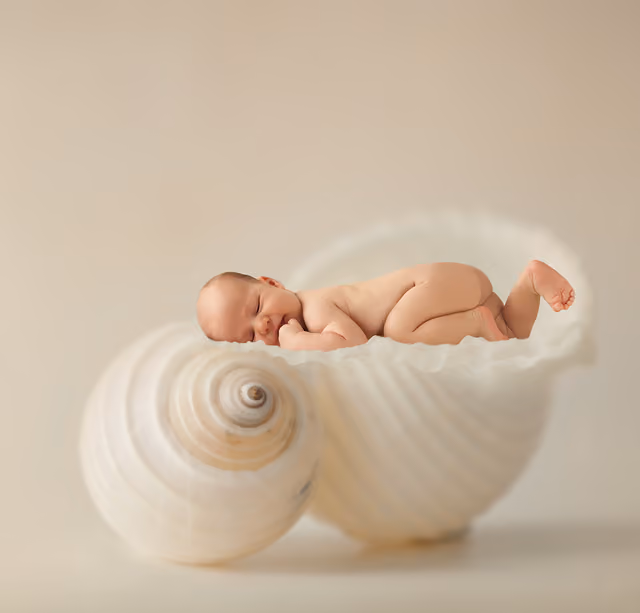 Recién nacido dormido sobre una caracola